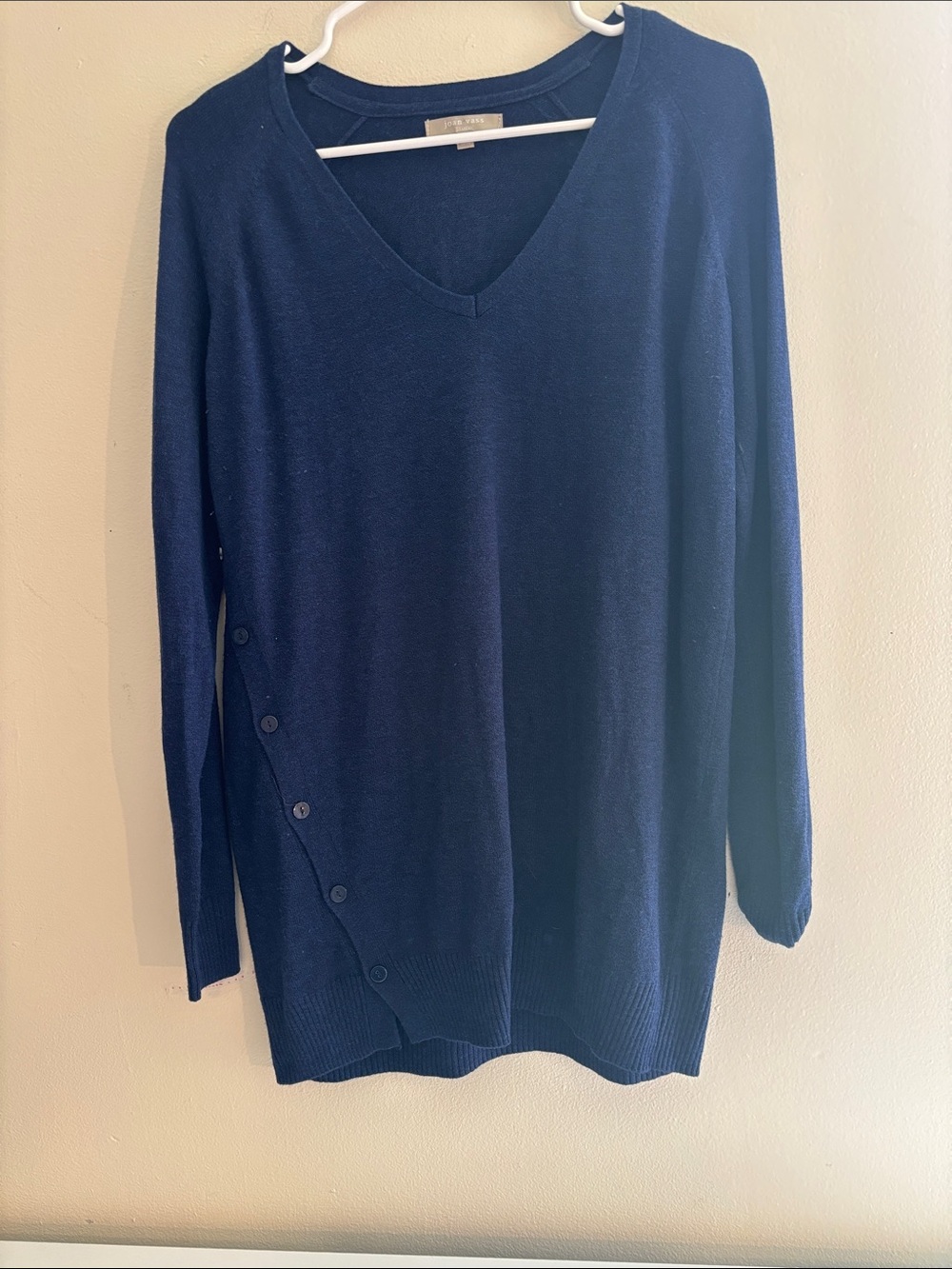Joan Vass Deep Navy V-Neck Sweater with Side Buttons